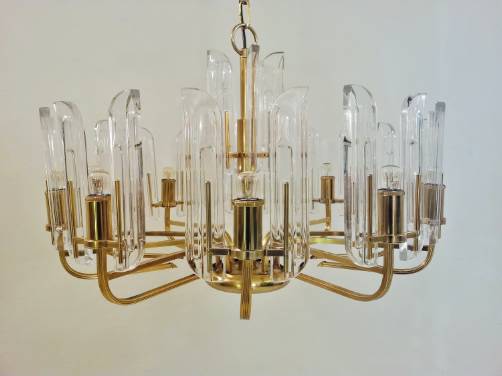 Gaetano Sciolari vintage Peacock glass & brass chandelier, 1970`s ca, Italian